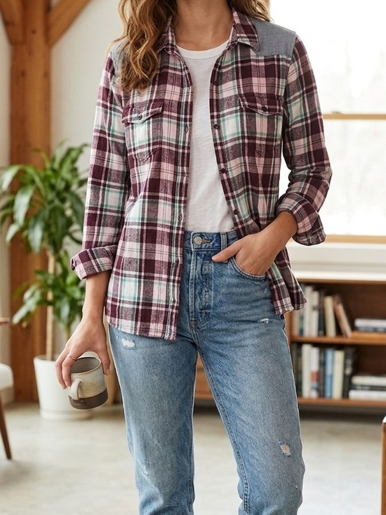 Northcrest Tops - NorthCrest Long Sleeve Shirt In  Burgundy, Mint, and White Plaid.     (WS 54)